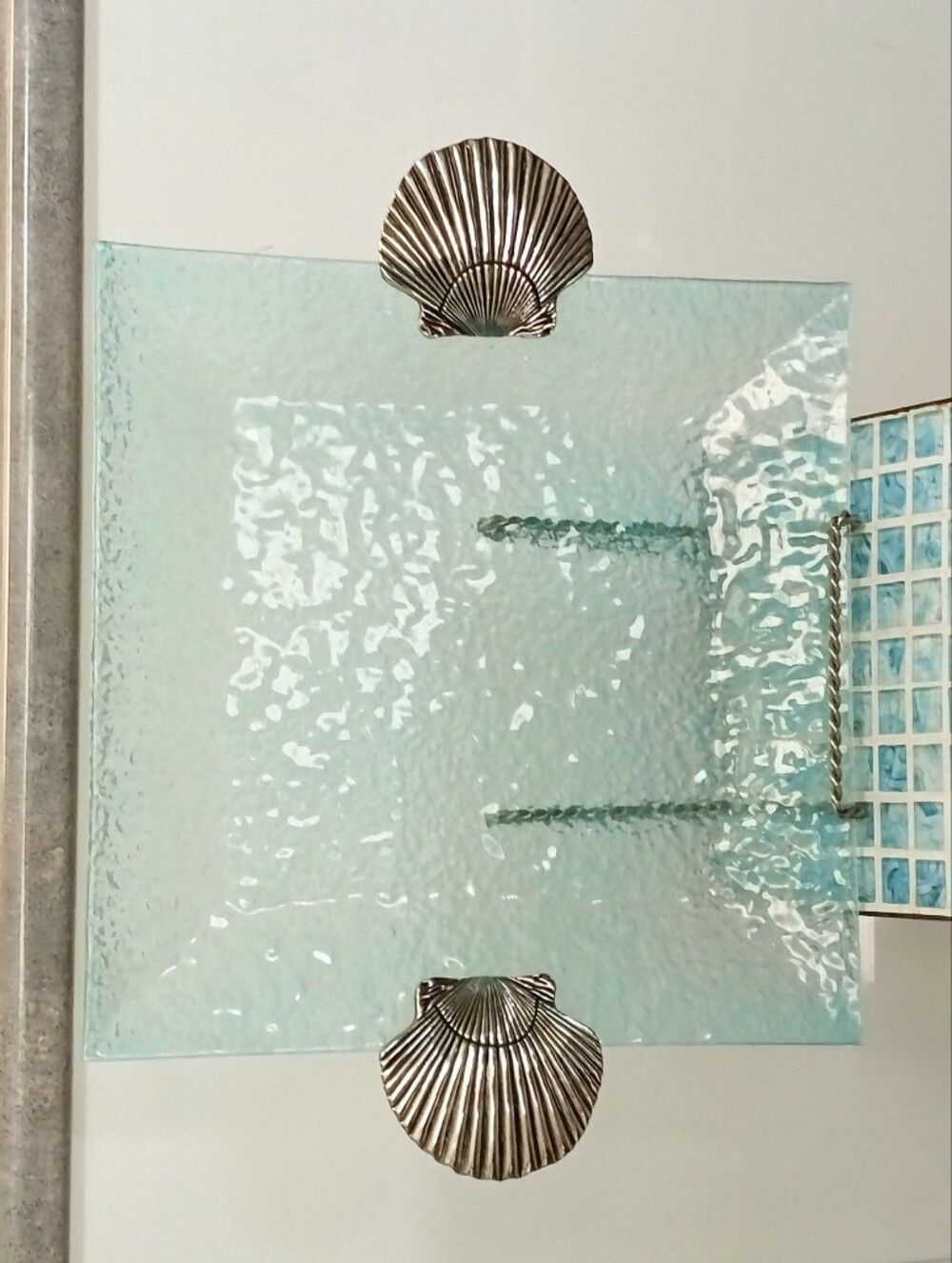 Like New Aqua Tempered Square Glass Serving/Display Tray w/ Silver Shell Handles